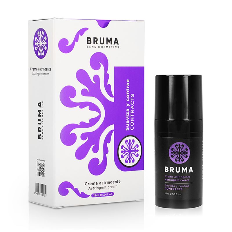 Produktverpackung und Flasche. Aufschrift: BRUMA, Creme adstringente. Text: 15ml 0.50 fl. oz. Verpackung: weiß mit lila Design.