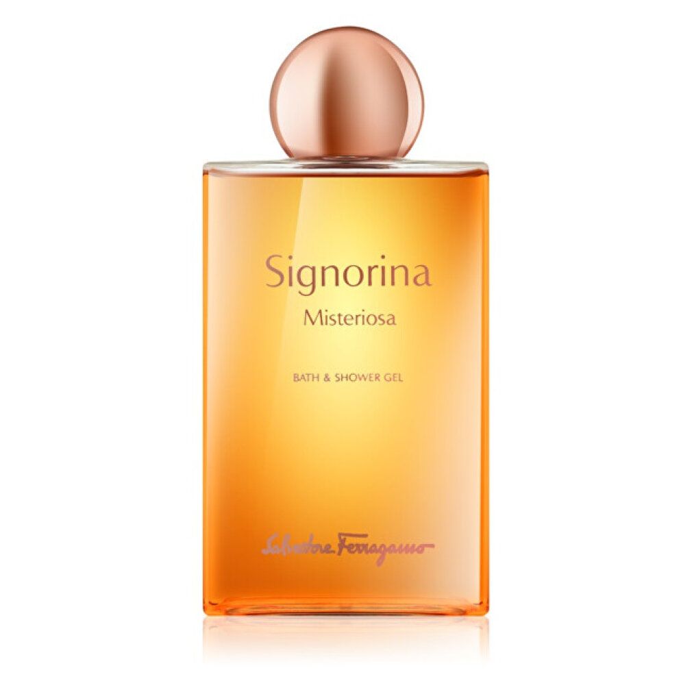 Flasche mit gelb-oranger Flüssigkeit. Oben: Kappe. Text: Signorina Misteriosa, Bath & Shower Gel, Salvatore Ferragamo.