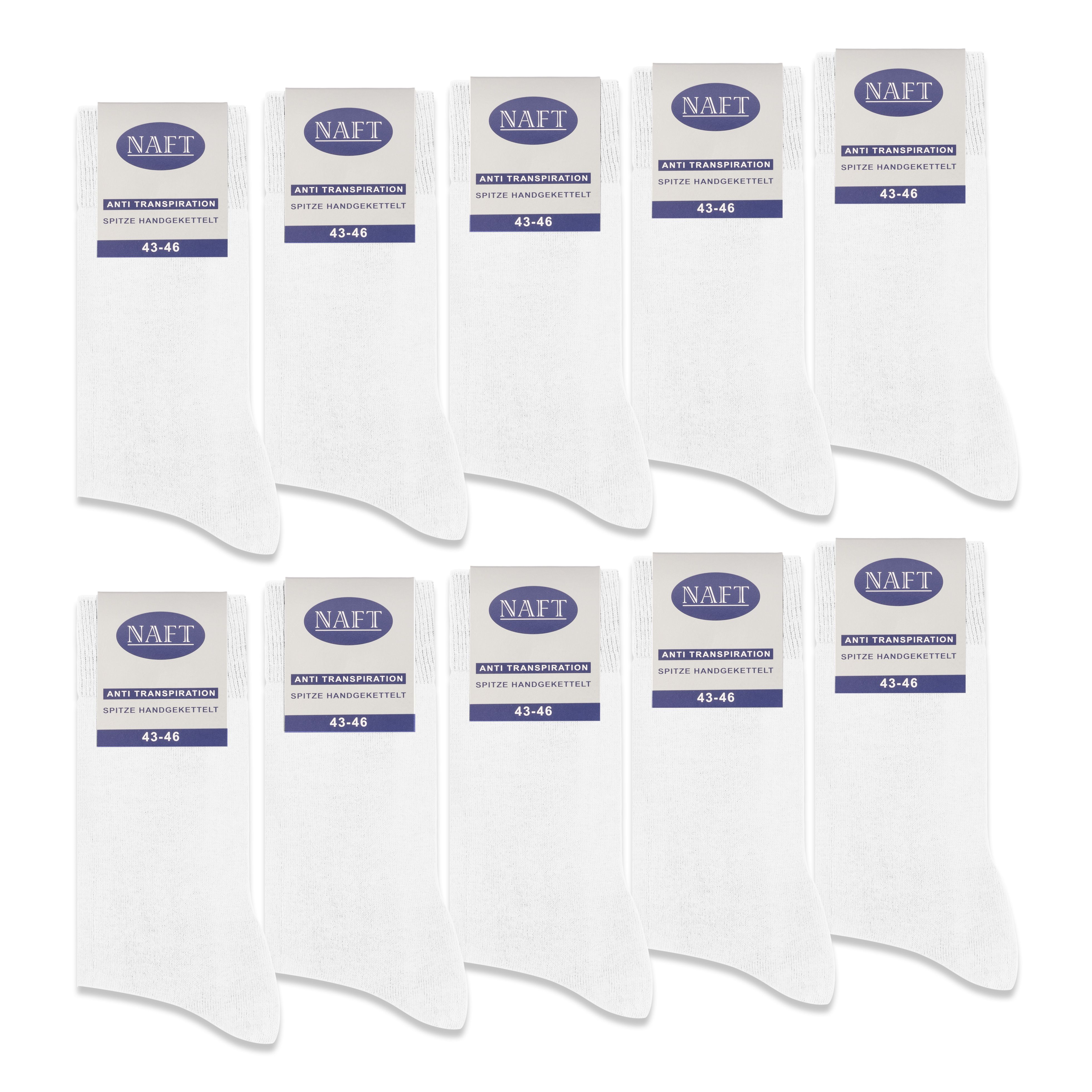 Zehn weiße Socken mit Etiketten. Etiketten mit "NAFT"-Logo, Größenangabe 43-46 und Text. Anti-Transpiration.