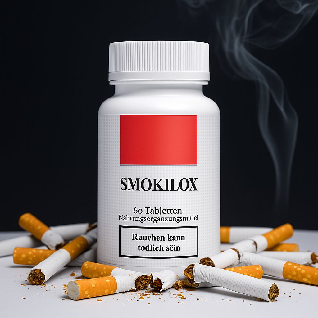 Weiße Tablettenflasche mit rotem Feld, umgeben von Zigaretten und Rauch. Text: SMOKILOX, 60 Tabletten.