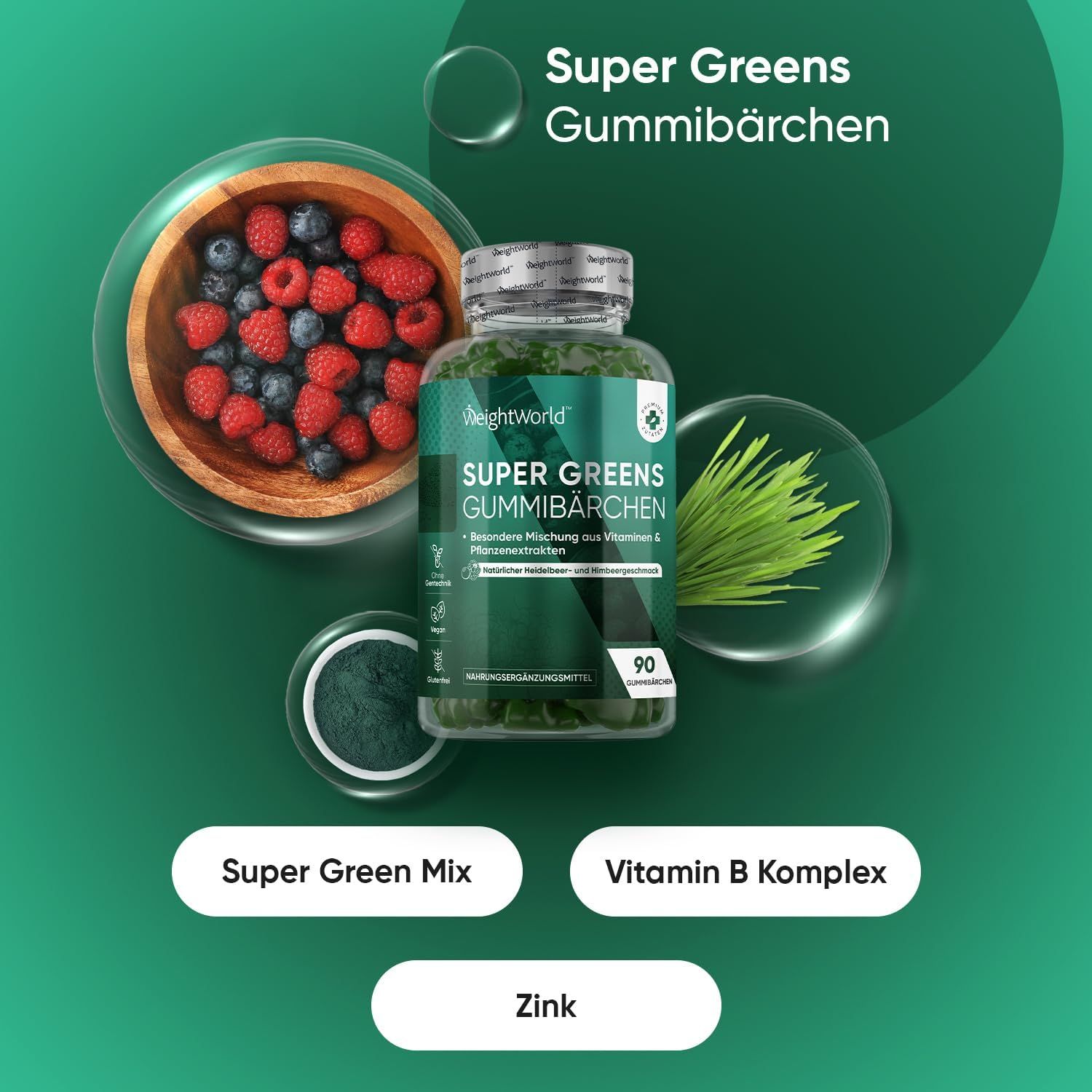 Produktflasche mit Gummibärchen, umgeben von Zutaten wie Beeren und Grünzeug. Text: Super Greens Gummibärchen, 90 Stück.