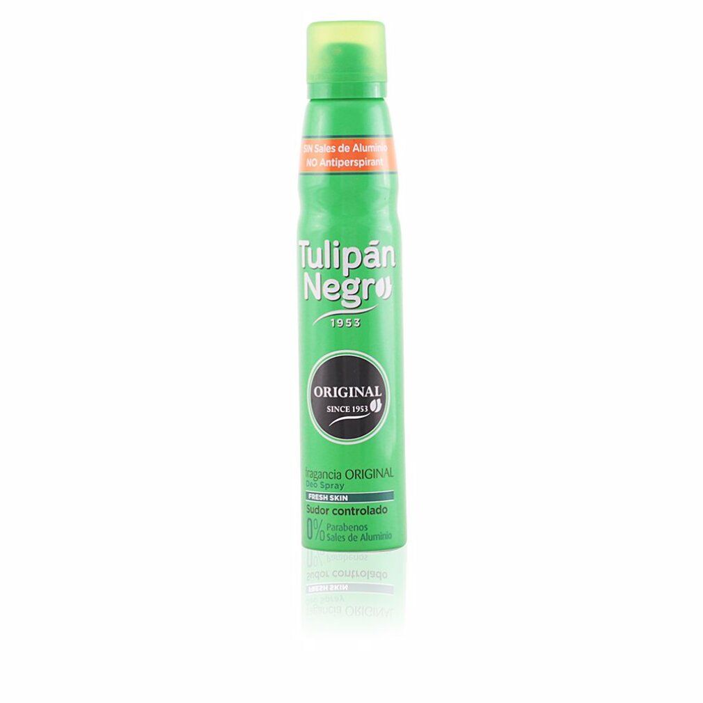 Grüne Sprühdose mit gelbem Deckel. Aufschrift: Tulipan Negro Original. Text: Ohne Aluminiumsalze.