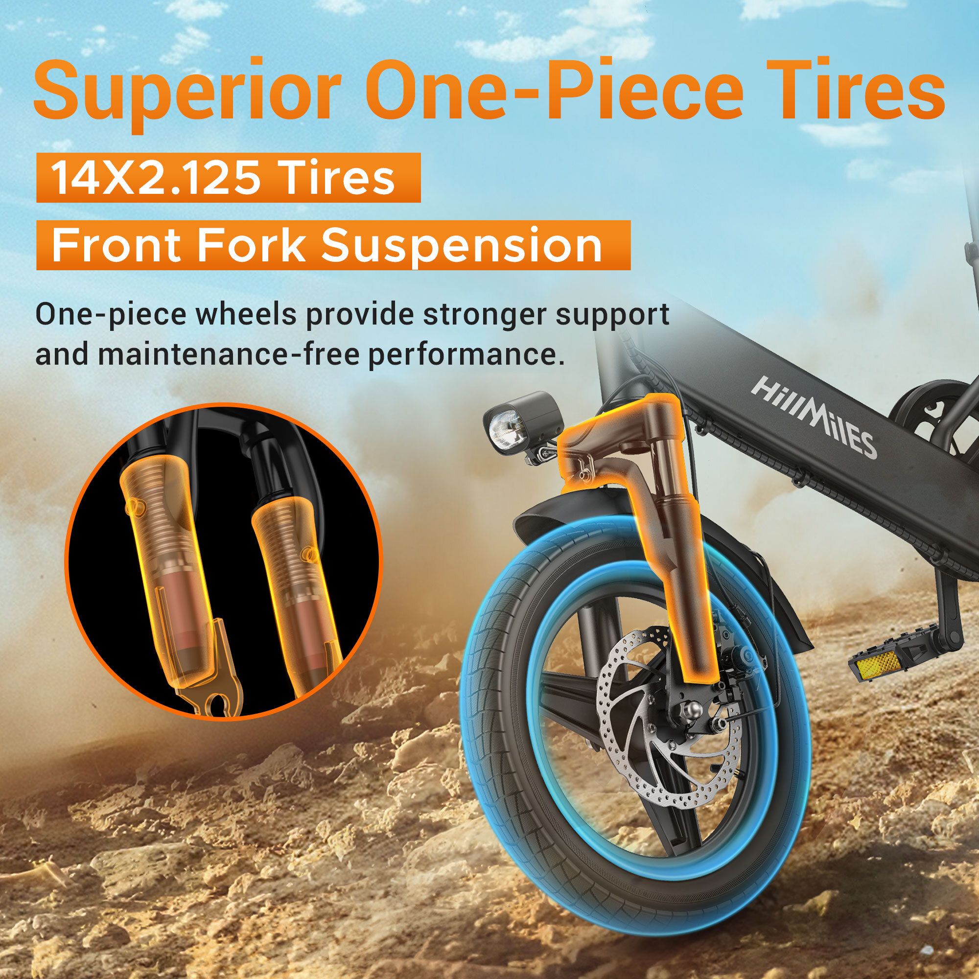 Nahaufnahme des Vorderrads. Text: Überlegene einteilige Reifen. 14X2.125 Reifen. Vorderradaufhängung.