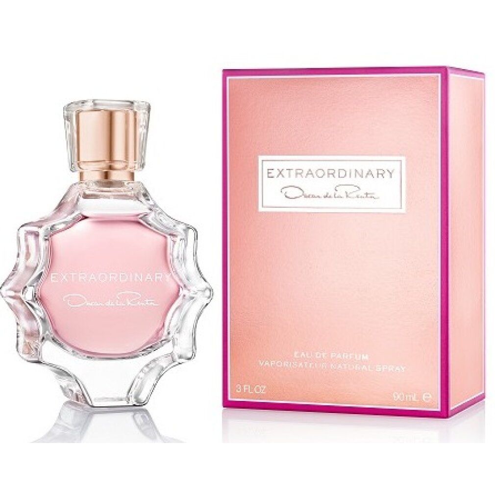 Parfümflakon und Verpackung. Flakon mit rosafarbenem Inhalt, goldfarbenem Verschluss. Verpackung in Rosa mit Schriftzug.