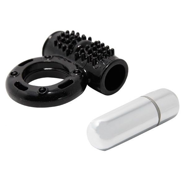 Schwarzer Vibrationsring mit Noppen und ein silberfarbener Vibrator. Beide Produkte liegen nebeneinander.