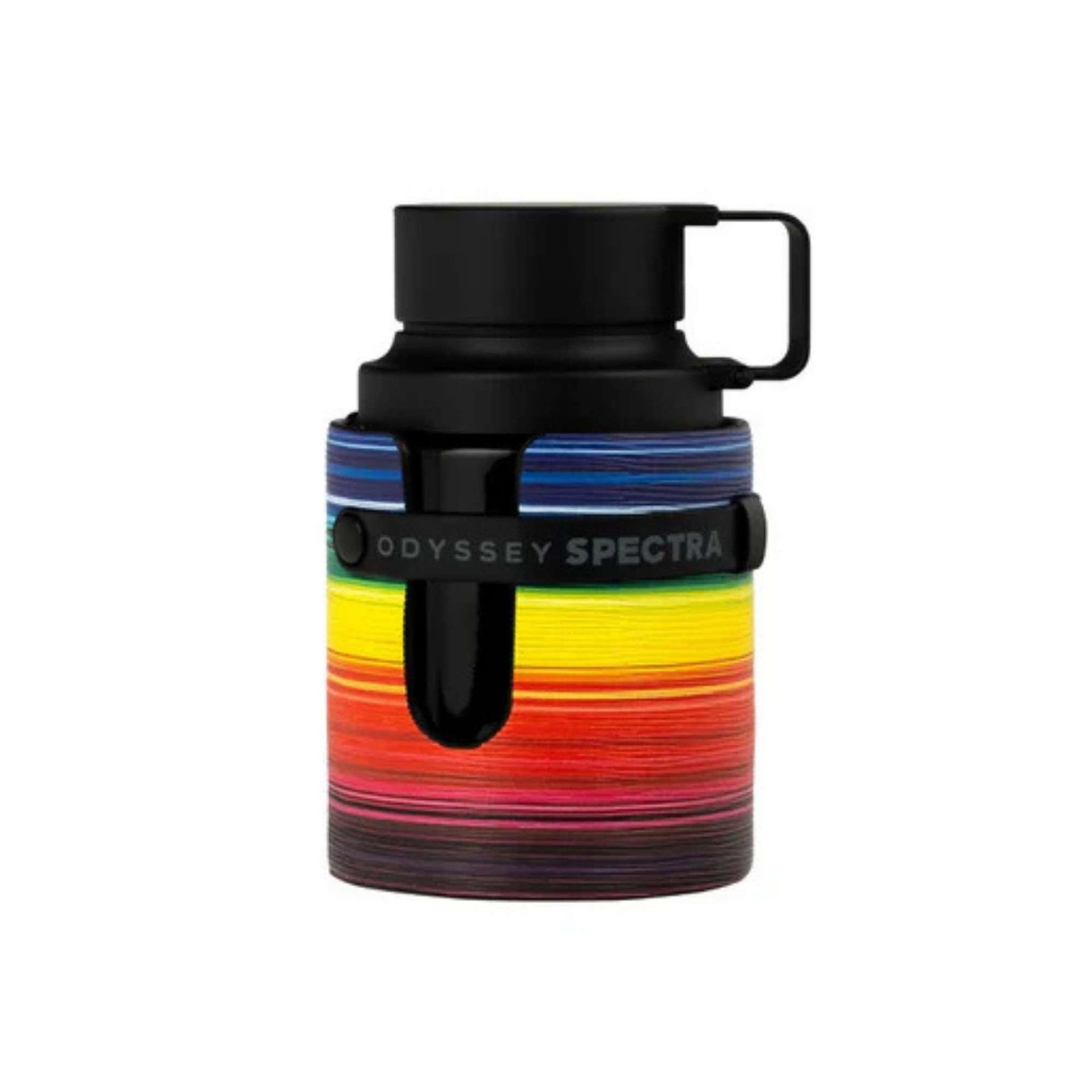Schwarze Flasche mit Griff und farbigem Streifenmuster. Aufschrift: ODYSSEY SPECTRA.