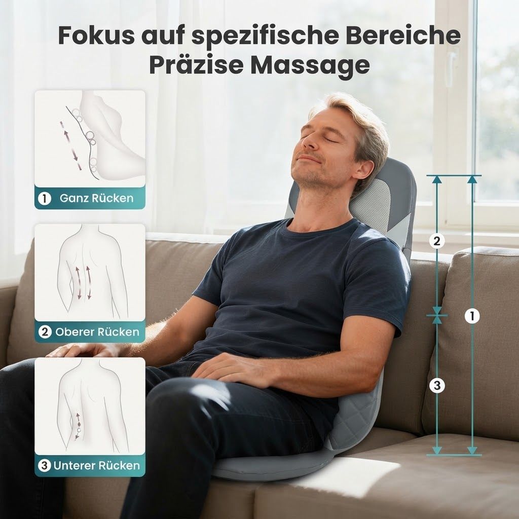 Mann entspannt auf einem Massagesitz, der auf eine Couch gelegt ist. Grafiken zeigen Massagezonen: Rücken, oberer Rücken, unterer Rücken.