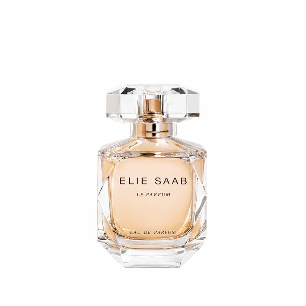 Parfümflakon mit facettiertem Deckel. Aufschrift: ELIE SAAB LE PARFUM. Glasflakon mit goldfarbenem Zerstäuber. Klarer, facettierter Deckel.