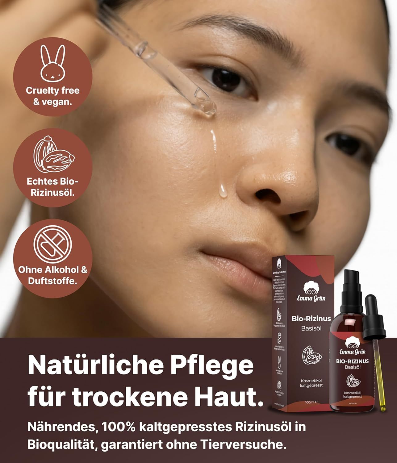 Frau mit Tropfen auf der Haut. Daneben eine Flasche und eine Verpackung. Aufschrift: Emma Grün Bio-Rizinus Basisöl. Ohne Alkohol & Duftstoffe. Cruelty free.