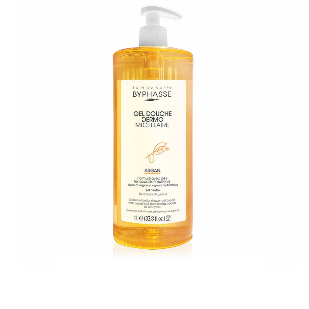 Gel Douche Micellaire Argán Flasche mit Dosierpumpe. Gelbliche Flüssigkeit. Beschriftung mit Produktnamen und Inhaltsstoffen.