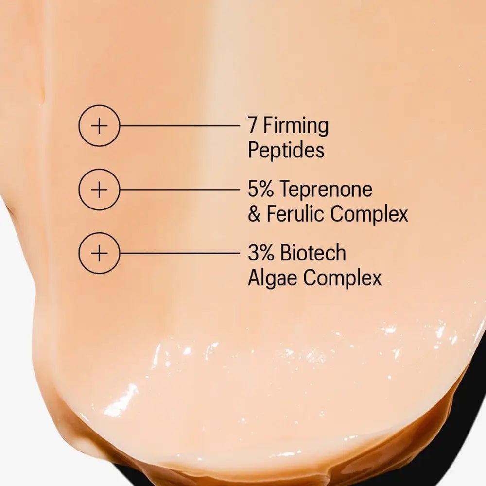 Nahaufnahme von Creme mit Text: 7 Firming Peptides, 5% Teprenone & Ferulic Complex, 3% Biotech Algae Complex.