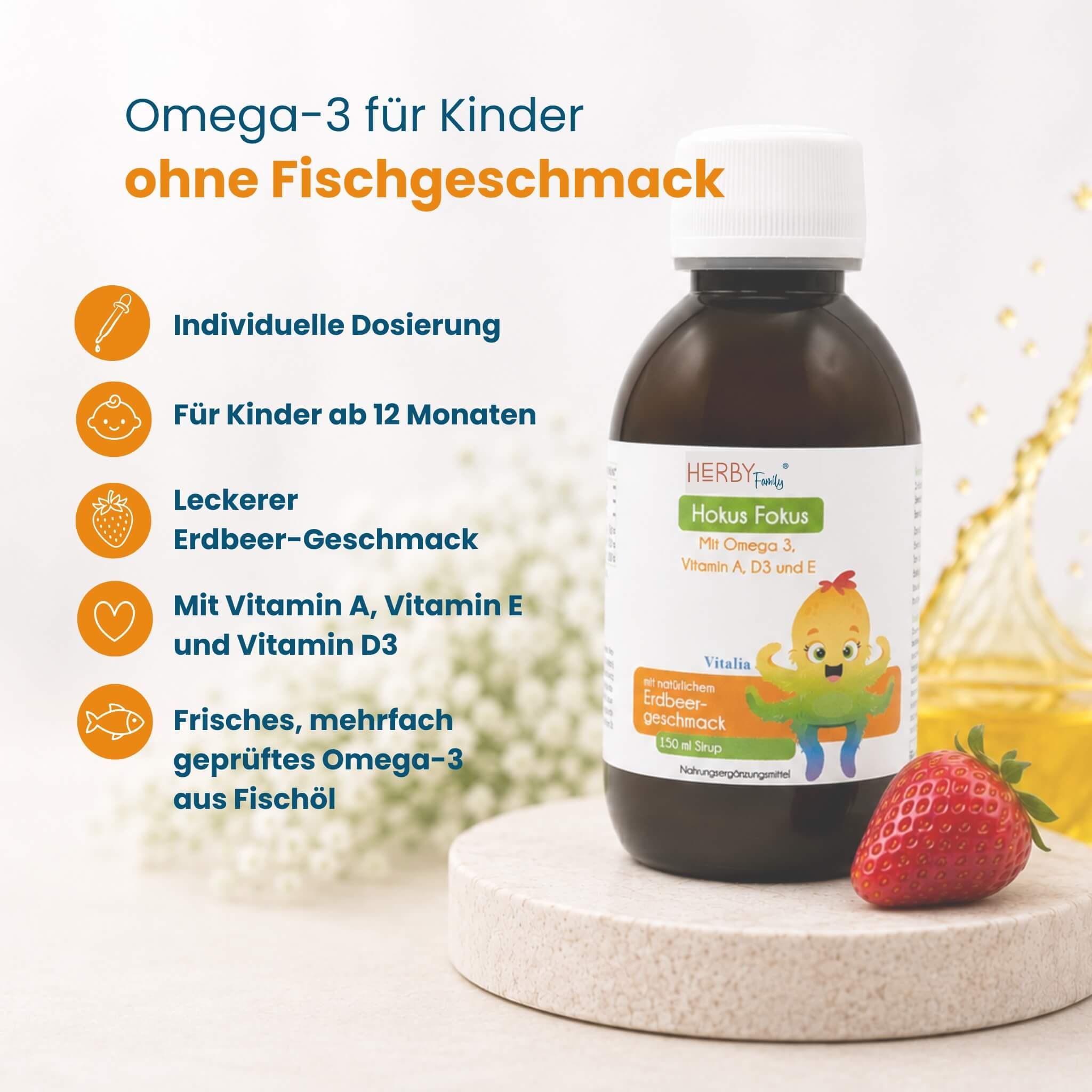 Flasche Herby Family Hokus Fokus Saft mit Erdbeergeschmack und Liste der Inhaltsstoffe.