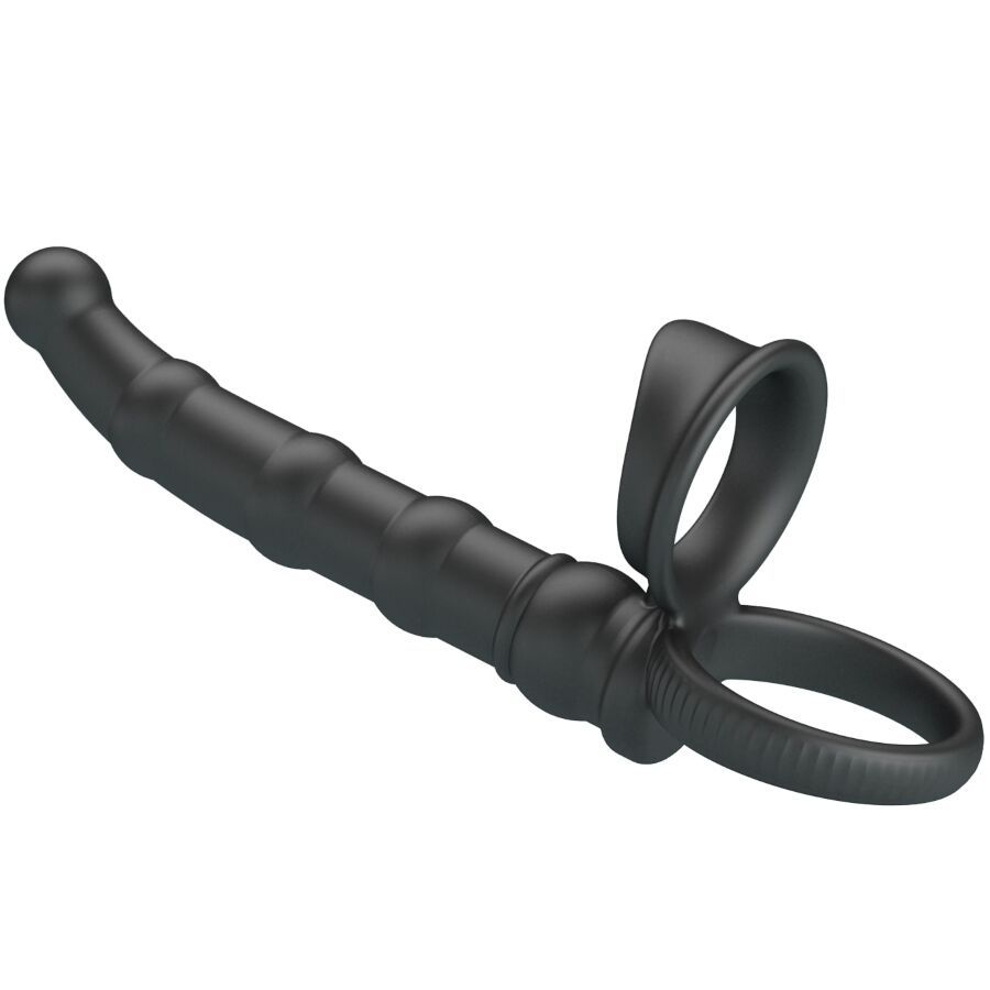Schwarzer Penisring mit Rillen und ergonomischem Griff, aus der Seitenansicht.