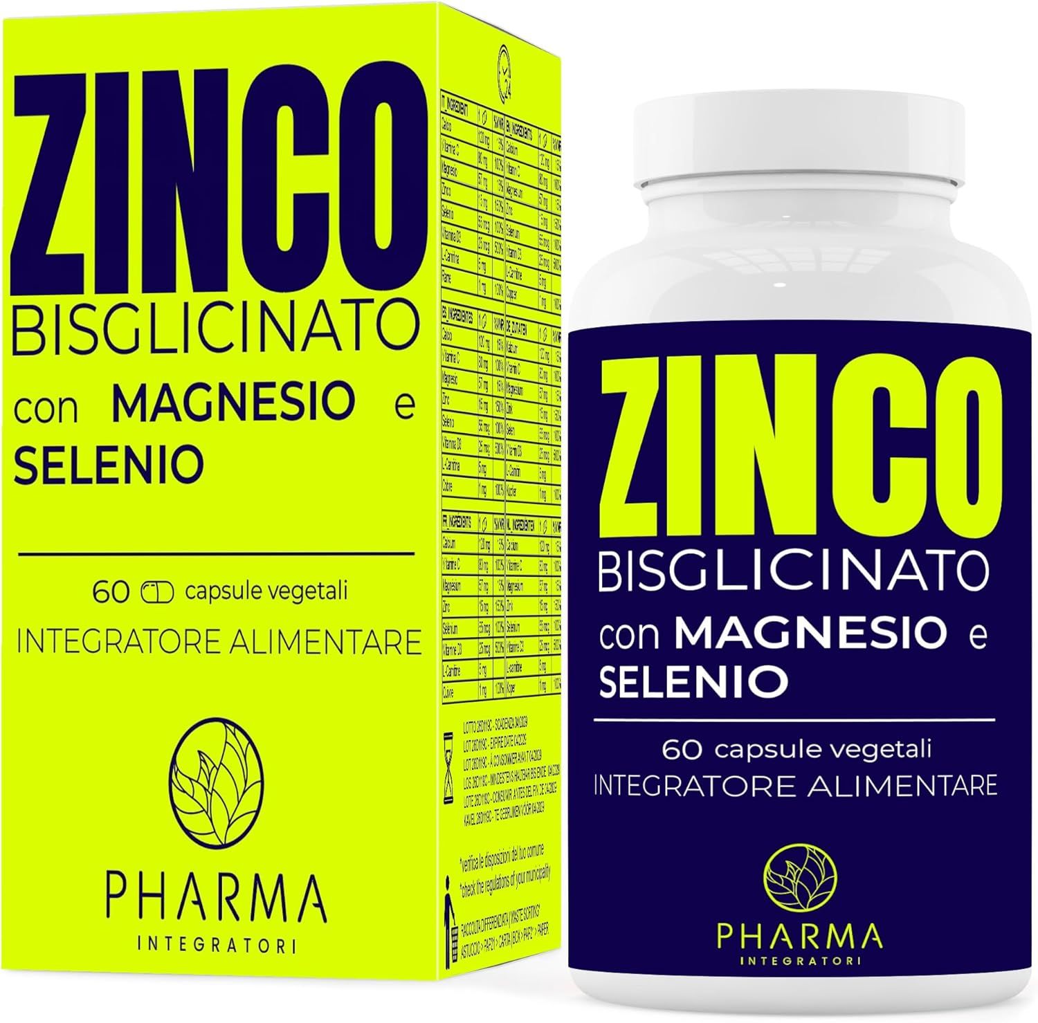 Verpackung und Flasche Zink Bisglycinat mit Magnesium und Selen, 60 vegetarische Kapseln.