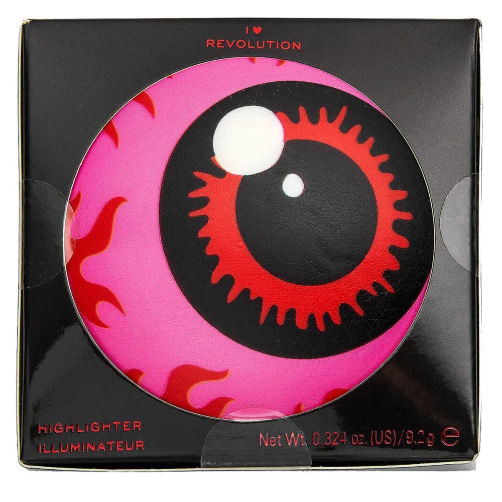 Schwarze Verpackung mit einem rosa Augendesign. Roter Iris, schwarze Pupille, rotes Flammenmuster. Text: Highlighter, Illuminateur, Net Wt. 0.324 oz. (US)/9.2g.