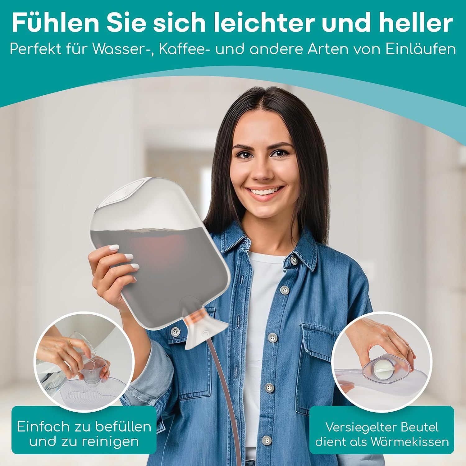 Einlaufset mit Beutel, Schlauch und verschiedenen Aufsätzen.