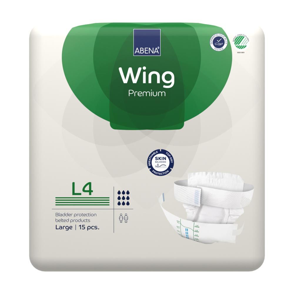 Verpackung mit ABENA Wing L4. Auf der Verpackung steht "Wing Premium" und "L4".
