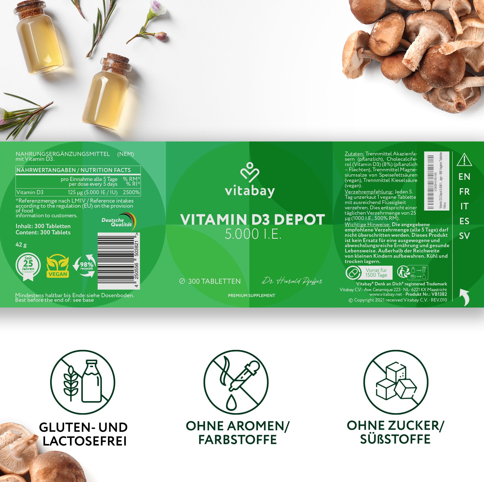 Produktverpackung mit Informationen. Vitabay Vitamin D3 Depot 5.000 I.E. 300 Tabletten. Gluten- und laktosefrei, ohne Aromen/Farbstoffe, ohne Zucker/Süßstoffe.