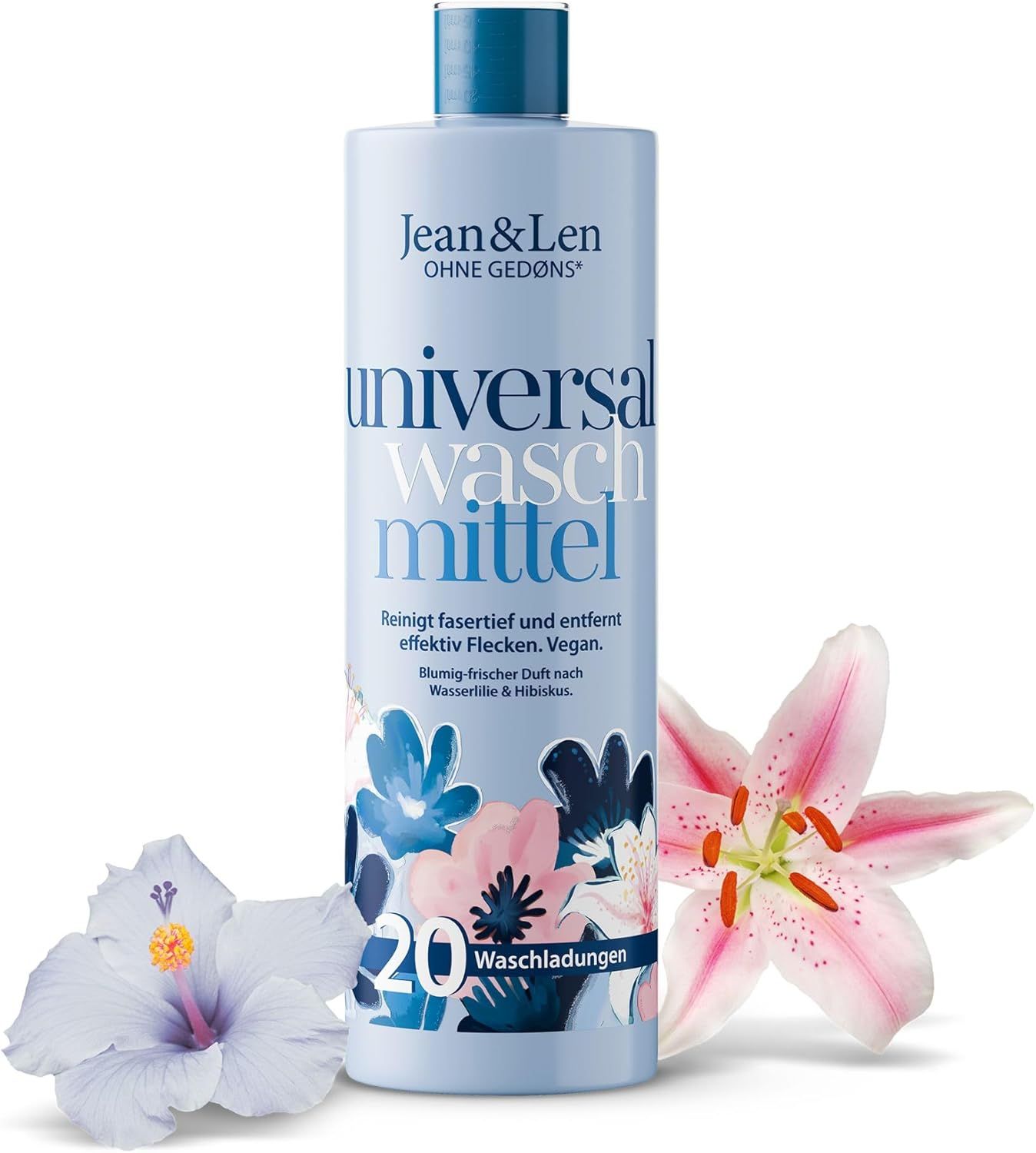 Hellblaue Flasche mit floralem Design. Text: Jean & Len Universalwaschmittel, 20 Waschladungen. Hibiskus- und Lilienblüten.