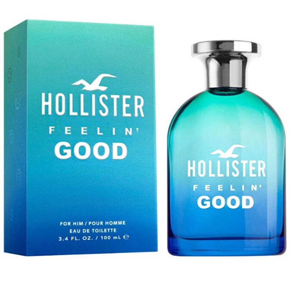 Blau-grüner Flakon und Schachtel. Schriftzug: HOLLISTER FEELIN' GOOD. Logo: Möwe. Flakonform: abgerundet. Schachtel: blau-grün.