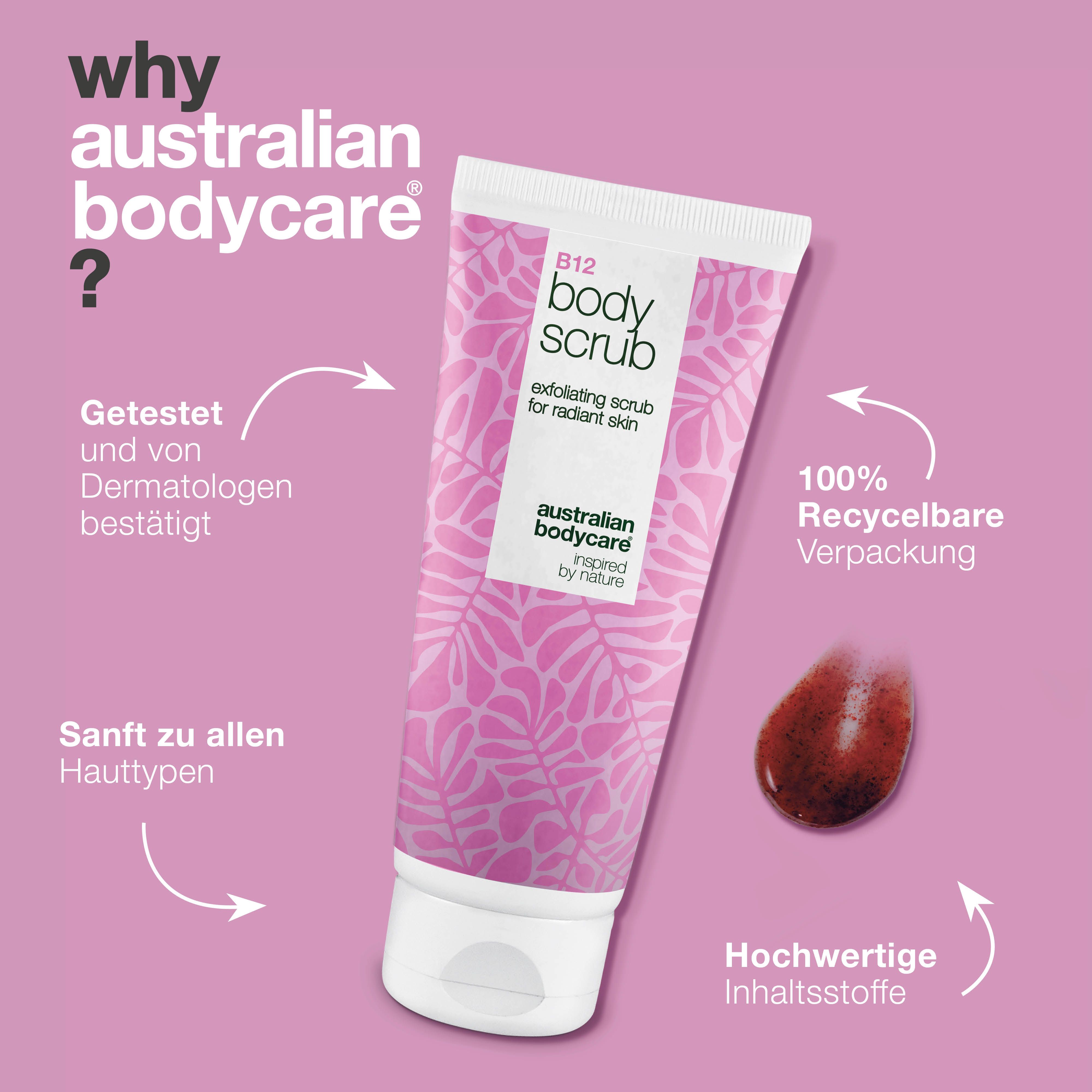Tube Körperpeeling, rosa Hintergrund. Text: Australian Bodycare, B12 body scrub, 100% recycelbare Verpackung.
