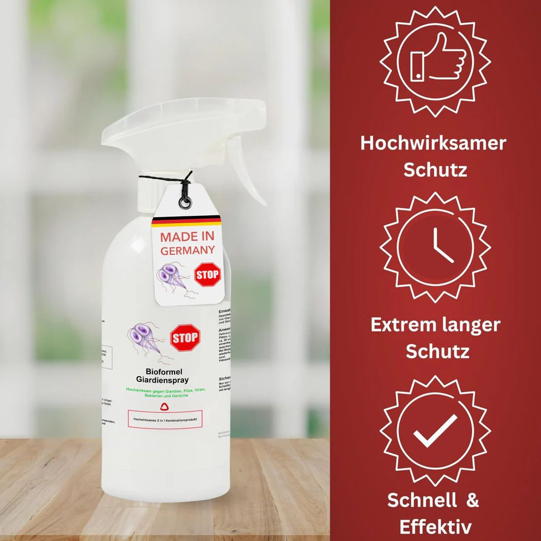 Weiße Sprühflasche mit Etikett und Aufdruck. Made in Germany. Aufschrift: Bioformel Giardien Spray. Stop-Zeichen.