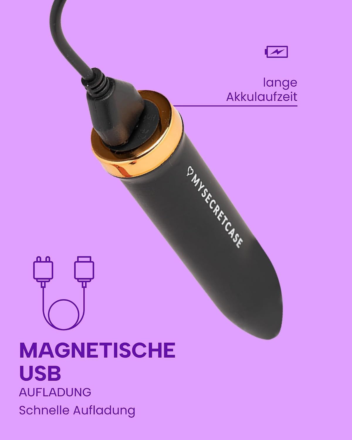 Schwarzer Vibrator mit goldenem Akzent, wird magnetisch über USB geladen.