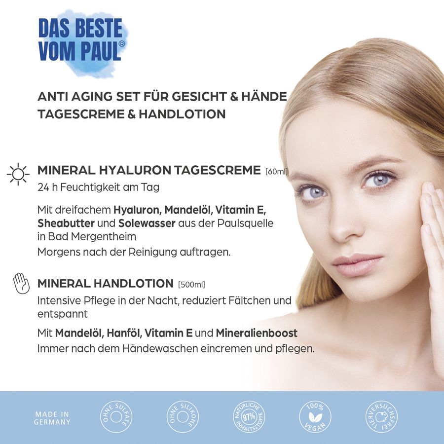 Frau mit Hautpflege-Informationen. Text: Anti-Aging Set für Gesicht & Hände. Mineral Hyaluron Tagescreme und Mineral Handlotion. Made in Germany.