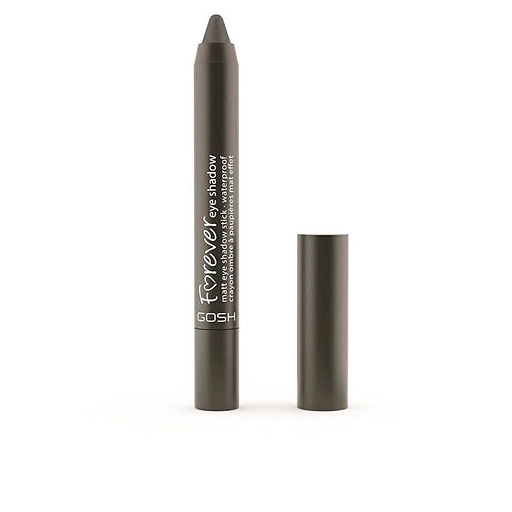 Gosh Forever Matt Eyeshadow 12 Dark Grey. Dunkelgrauer Lidschattenstift mit abgenommenem Deckel. Produktname und Marke sichtbar.