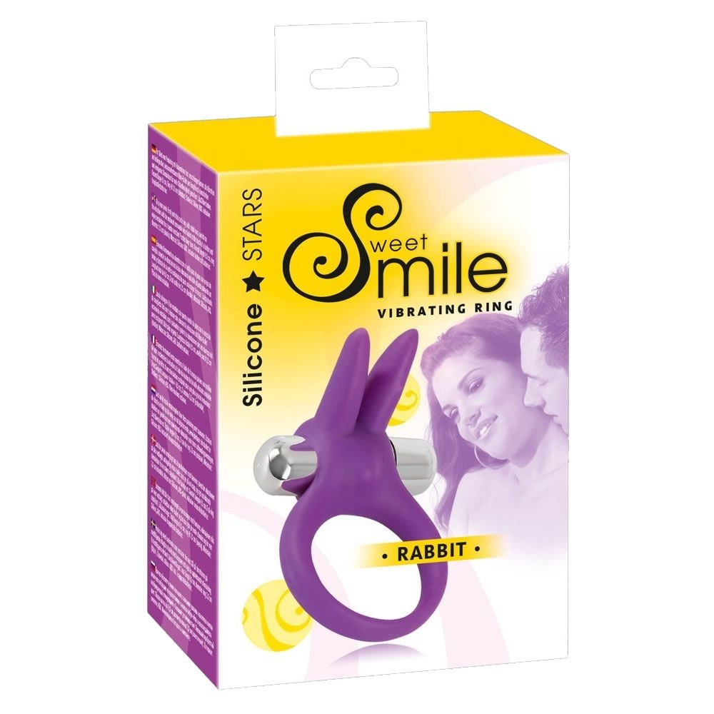 Verpackung mit lila Vibrationsring. Aufschrift: Sweet Smile, Rabbit. Abbildung eines Paares. Gelber Hintergrund.