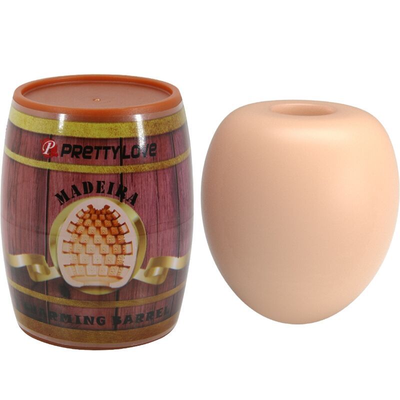 Beiger Masturbator und Fass-Verpackung. Fass mit Aufschrift Pretty Love, Madeira. Brauner Deckel.