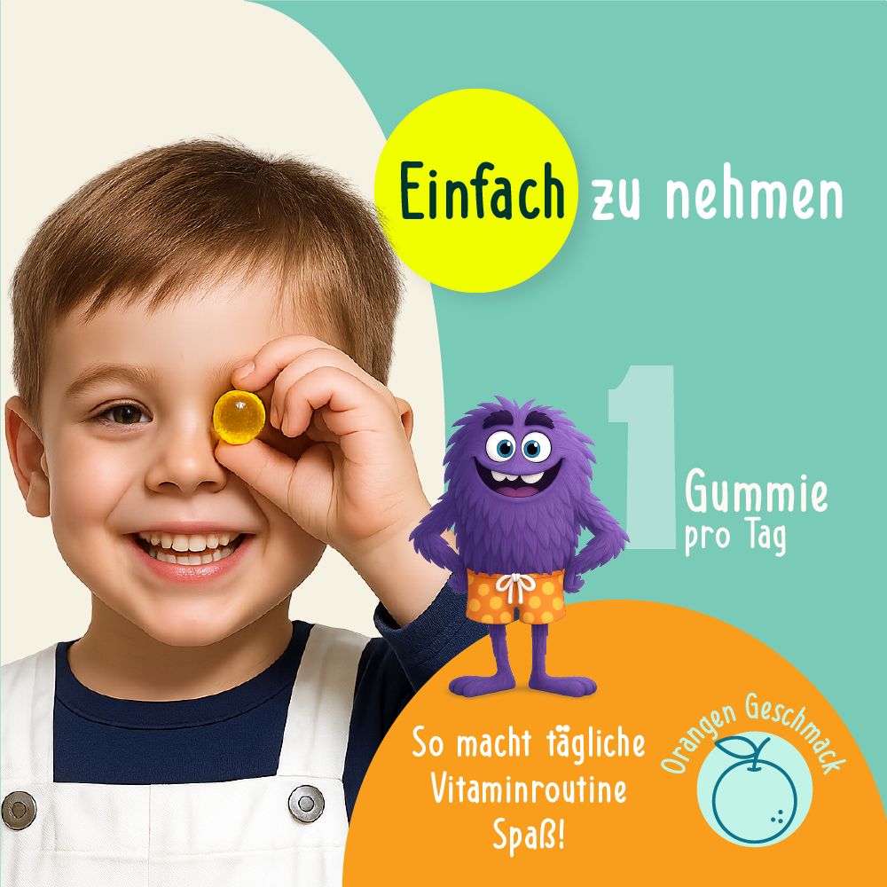 Kind hält ein gelbes Gummibärchen vor das Auge. Aufschrift: Einfach zu nehmen, 1 Gummie pro Tag, Orangengeschmack.