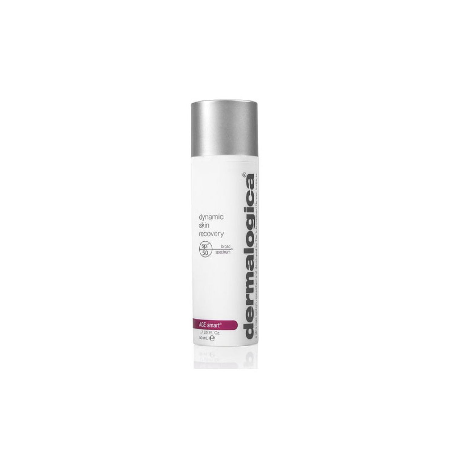 Weiße Flasche mit silbernem Deckel. Aufschrift: dynamic skin recovery SPF50. Marke: Dermalogica. Lila Schriftzug: AGE smart.