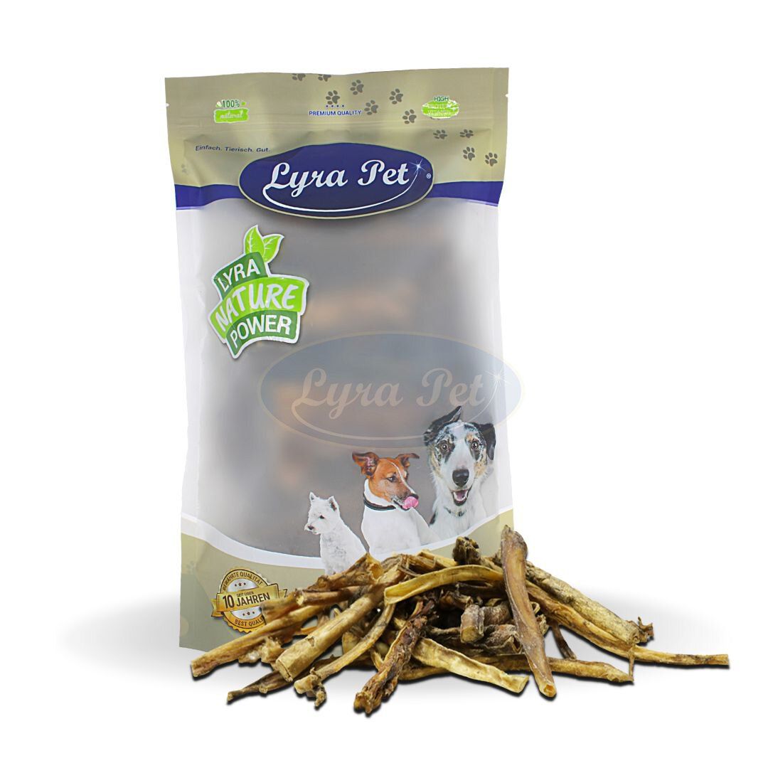 Beutel mit Ochsenziemer Abschnitten. Marke Lyra Pet. Hunde abgebildet. "Lyra Nature Power" Logo. 100% Natur.