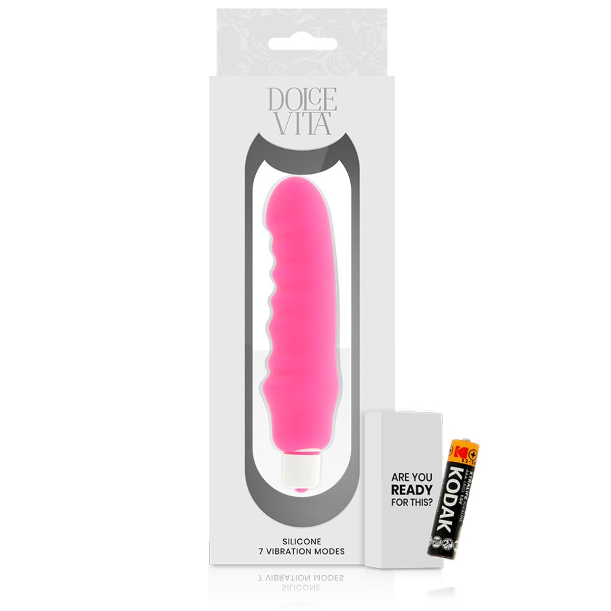 Rosa Vibrator mit Wellenstruktur in Verpackung. Marke Dolce Vita. 7 Vibrationsmodi. Inkl. Batterie.
