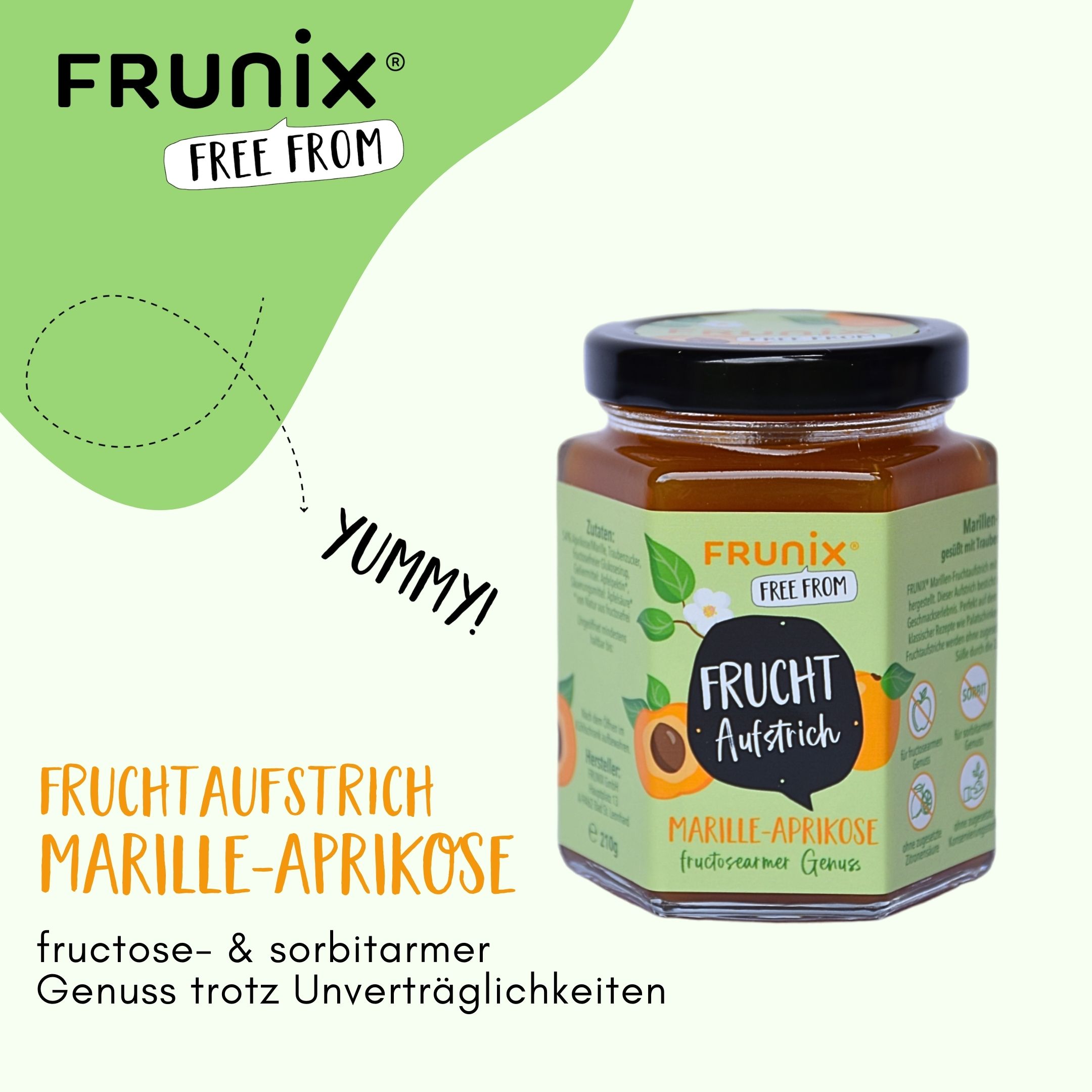 Glas FRUNIX® Marille-Aprikose-Fruchtaufstrich. Aufschrift: fructose- & sorbitarm. Genuss trotz Unverträglichkeiten. Etikett mit Illustrationen von Aprikosen.