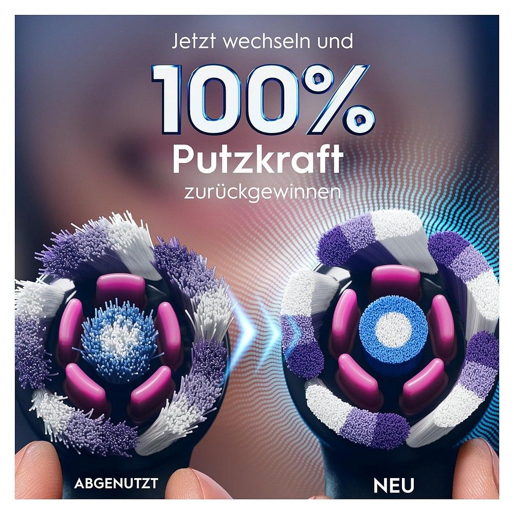 Vergleich: Abgenutzte vs. neue Oral-B iO Aufsteckbürste für 100% Putzkraft.