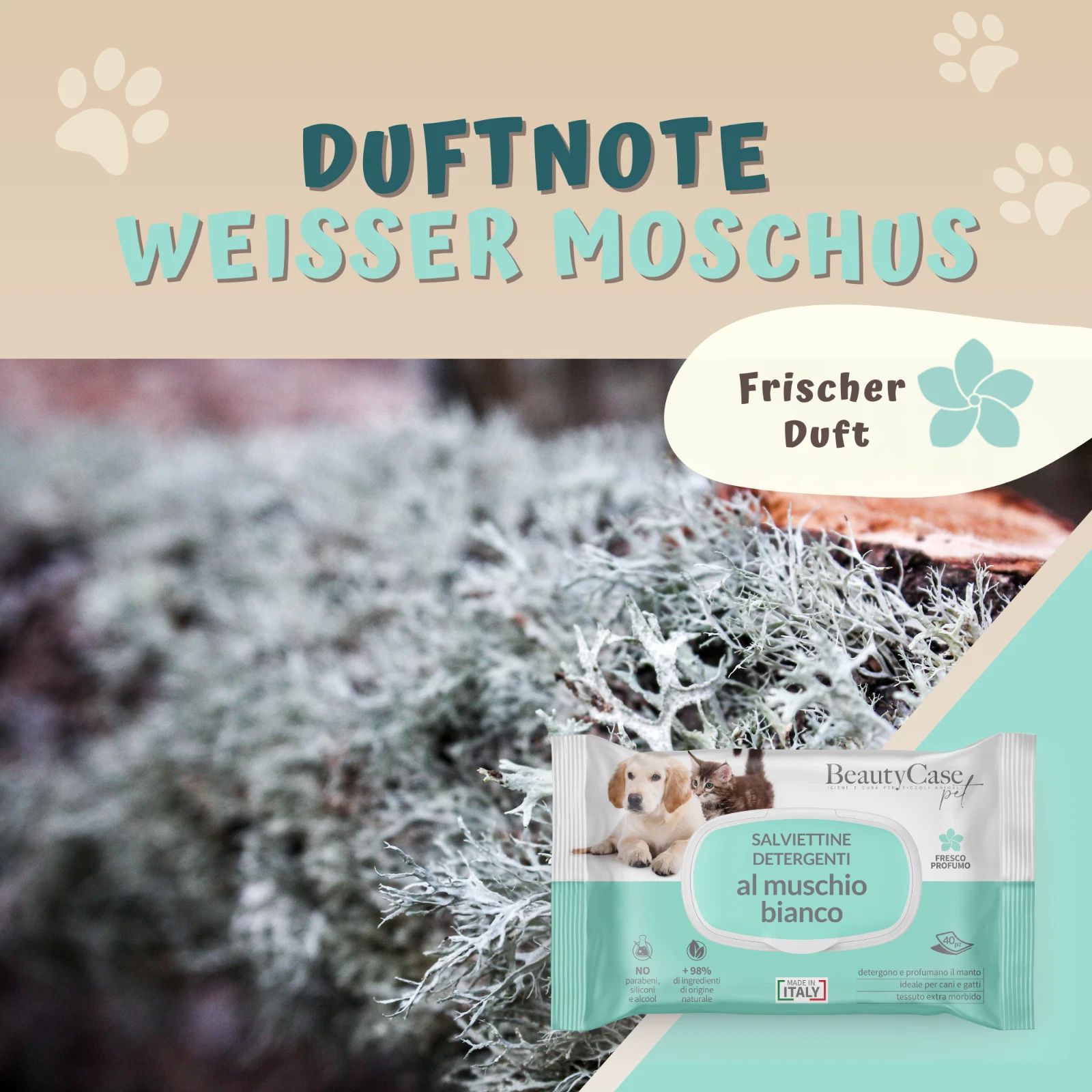 Produktpackung mit weißem Moschus. Text: Duftnote weißer Moschus, frischer Duft. Abbildung von weißem Moos.