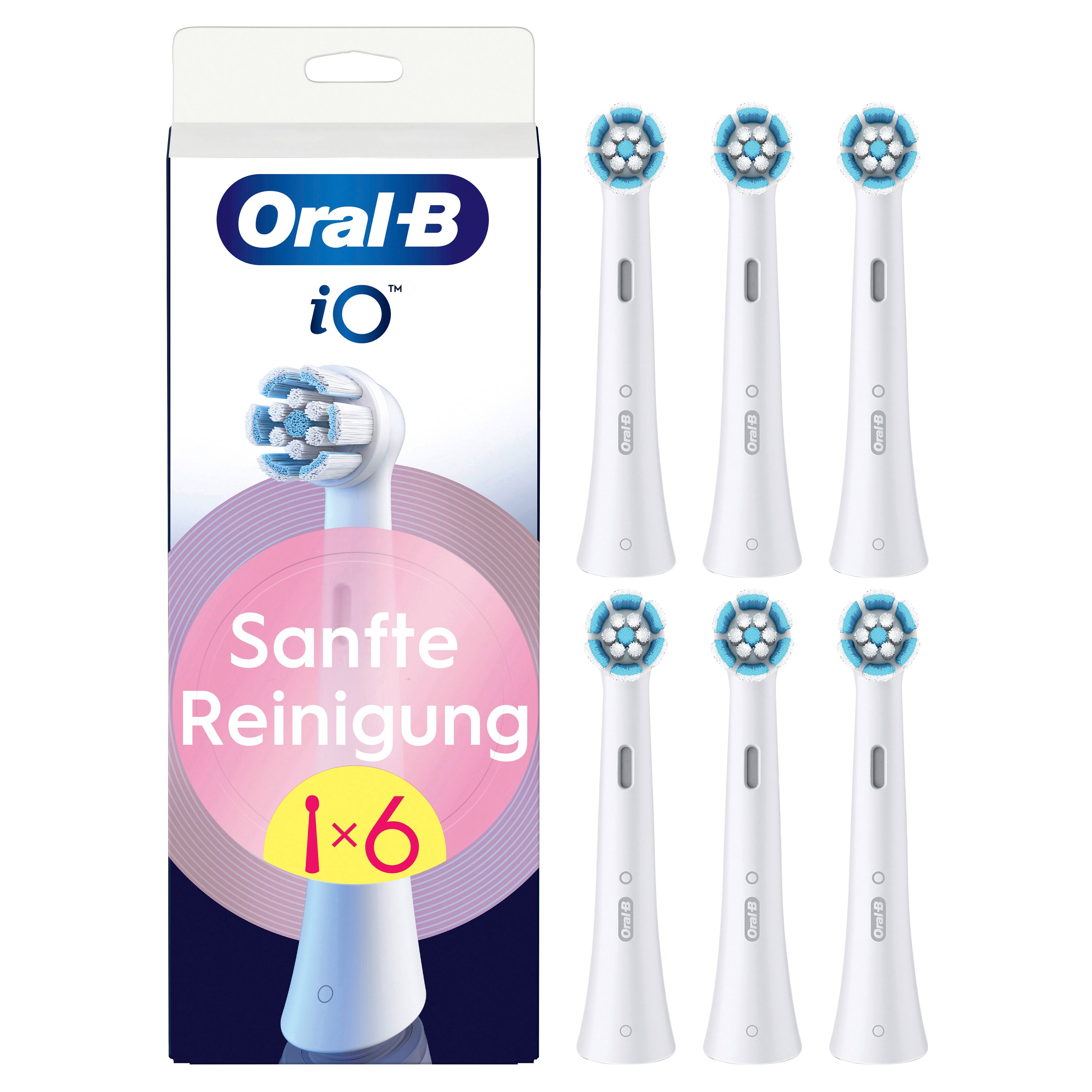 Verpackung mit sechs Aufsteckbürsten. Auf der Verpackung steht Oral-B iO und Sanfte Reinigung. 1x6.