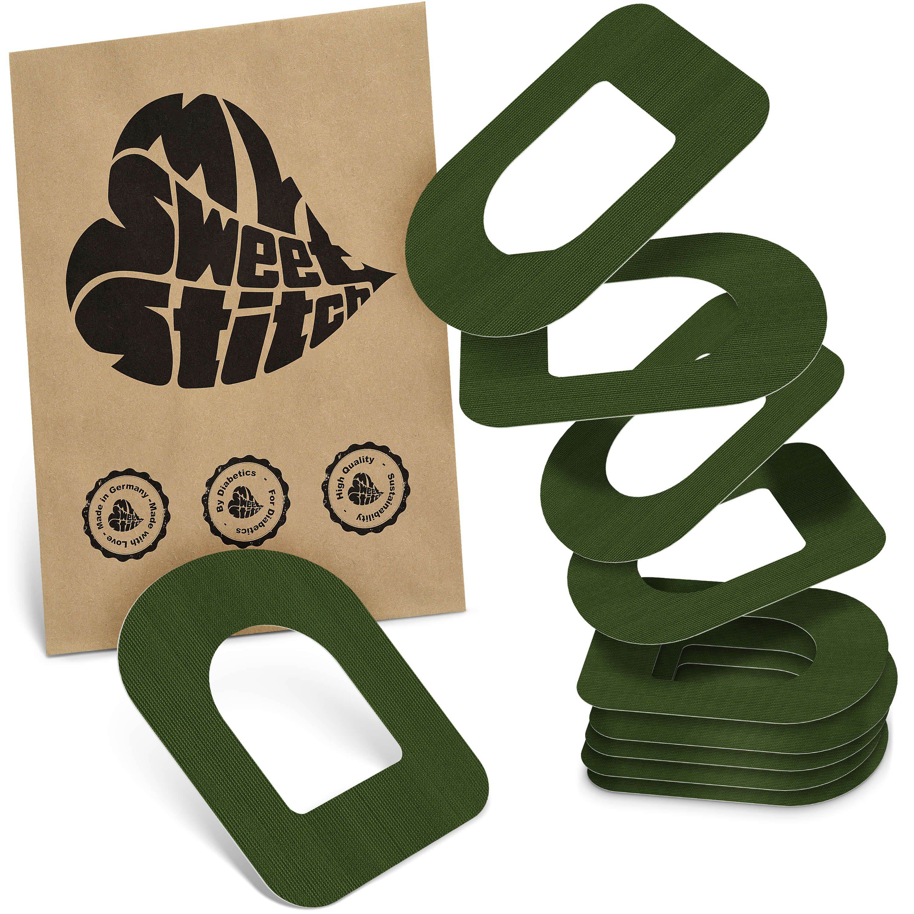 Grüne Ringpatches neben einer braunen Verpackung mit dem Logo MySweetStitch. Mehrere Patches sind sichtbar.