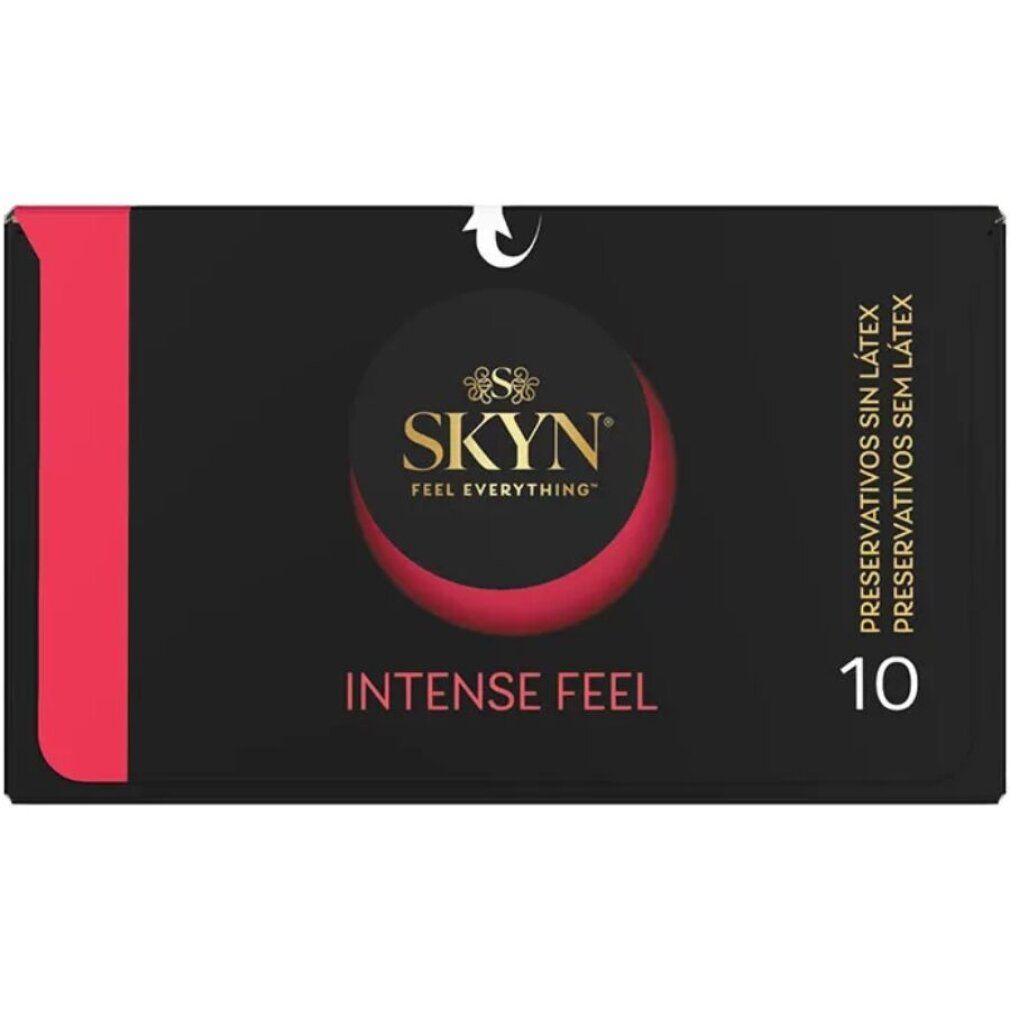 Schwarze Verpackung mit rotem Akzent und Produktlogo. Enthält 10 Stück. Text: 'Intense Feel' und 'ohne Latex'.