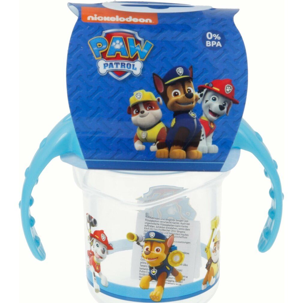 Becher mit Ohren und Silikonmundstück. Paw Patrol-Figuren und Logo. Verpackung mit Nickelodeon-Logo und BPA-frei-Hinweis.