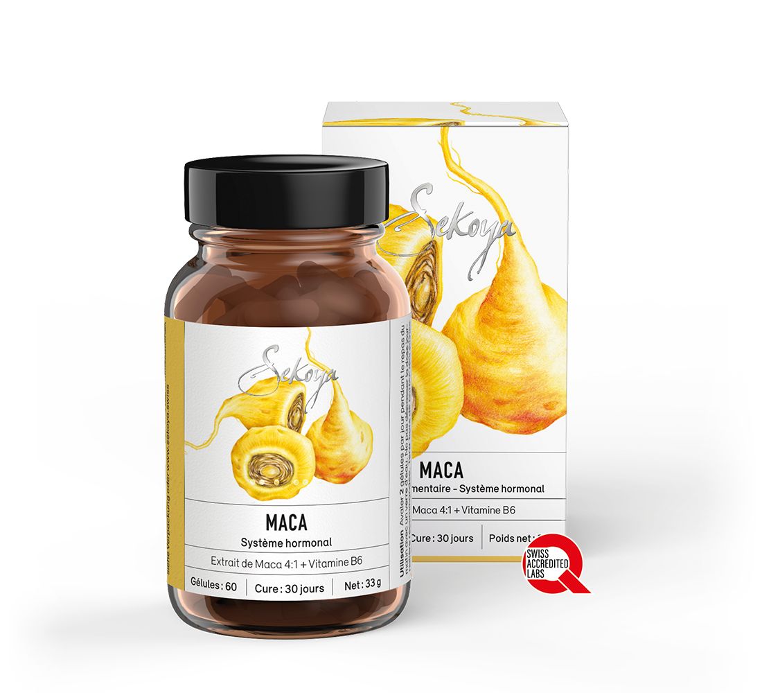 Braune Glasflasche und Schachtel mit Sekoya Swiss Maca. Aufschrift: Maca, Hormonhaushalt, 4:1 Macaextrakt + Vitamin B6. 60 Kapseln. Swiss Quality Siegel.