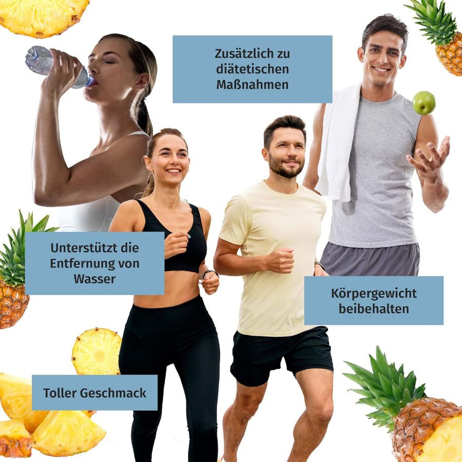 Menschen beim Sport. Ananasstücke. Text: Unterstützt die Entfernung von Wasser, Körpergewicht beibehalten.
