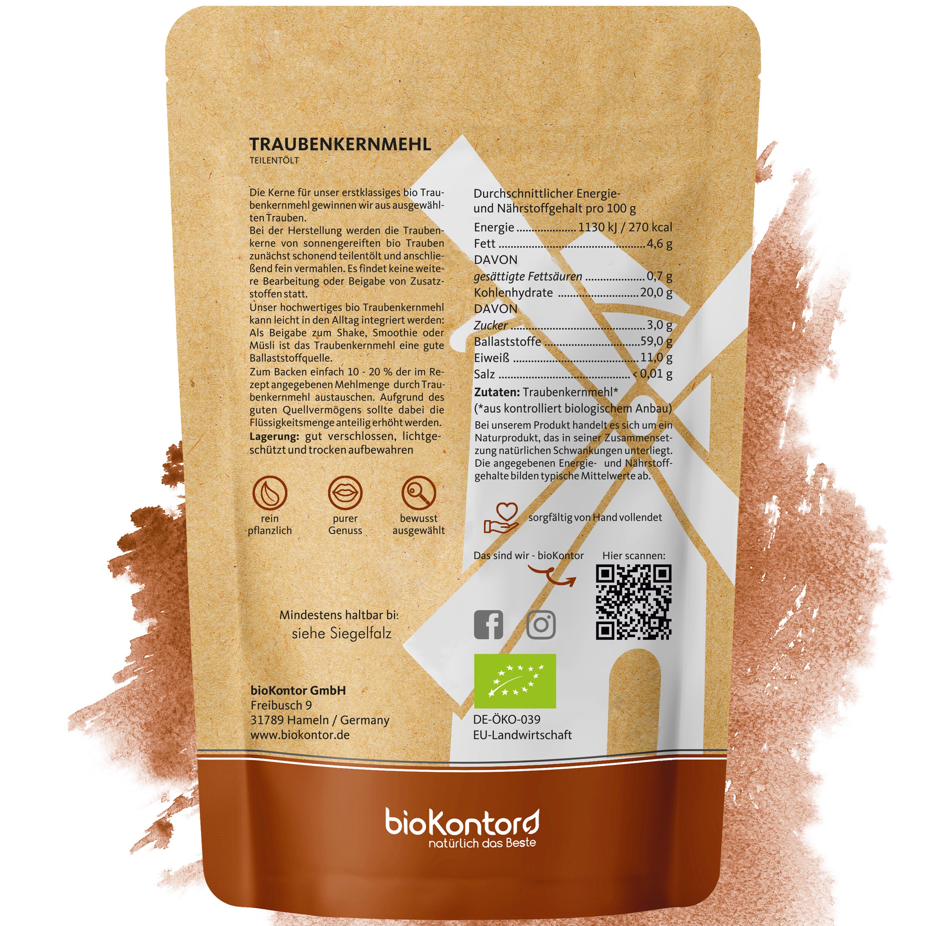 Packung Traubenkernehl mit Mühle-Logo und Schale mit Mehl daneben.