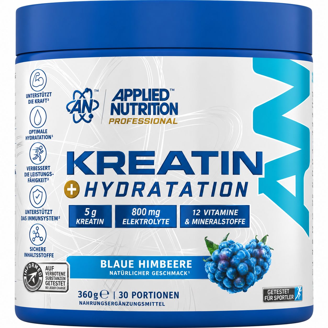 Dose 'Applied Nutrition Kreatin Hydratation' (Blaue Himbeere), 360g, 30 Portionen. Mit 5g Kreatin, 800mg Elektrolyten, 12 Vitaminen & Mineralstoffen.