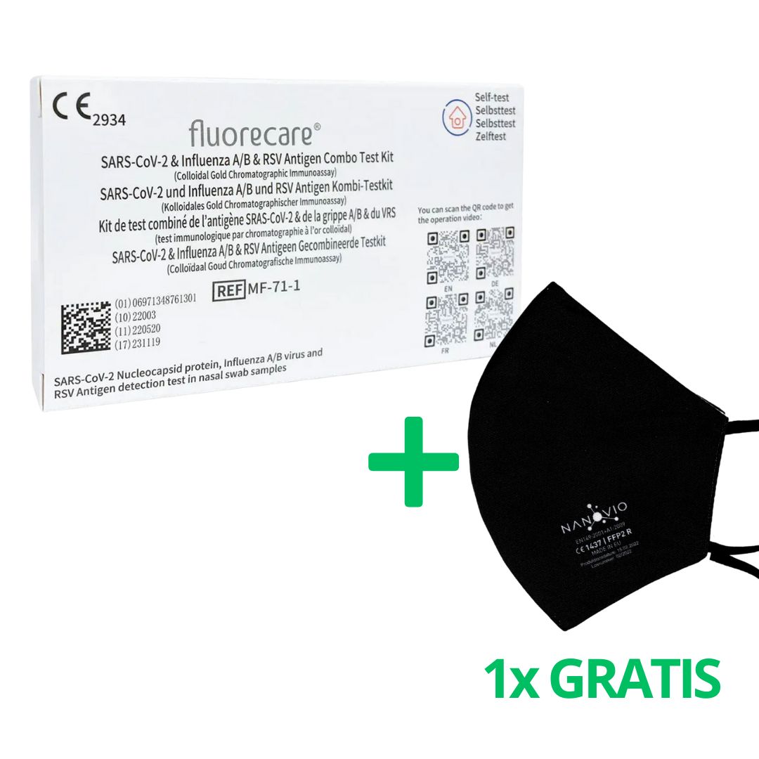 fluorecare® 4in1 SARS-CoV-2, Influenza A/B & RSV Combo-Schnelltest + Gratis Nanovio FFP2