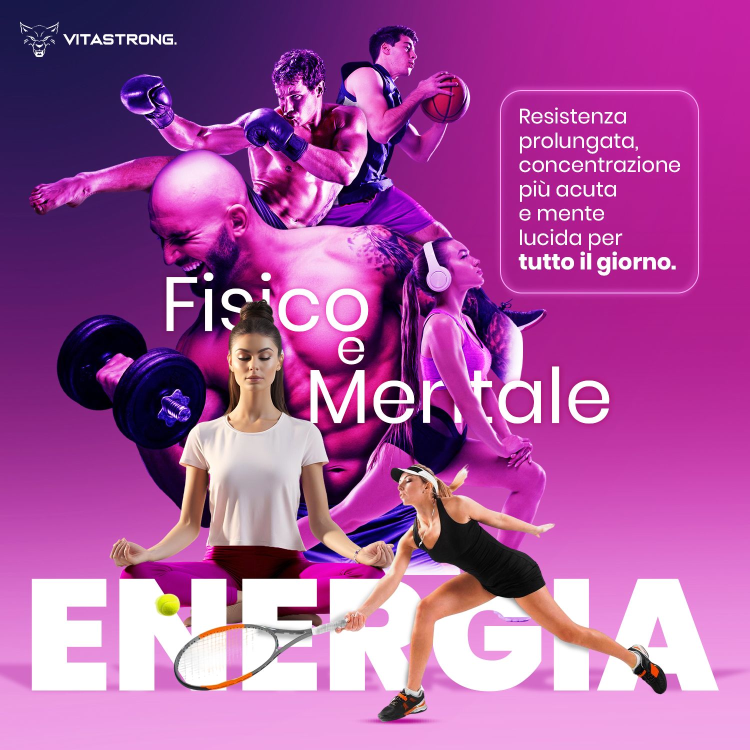 Vitastrong Energy Berries. Sportler, Yoga, Tennis. Energie für Körper und Geist. Text.