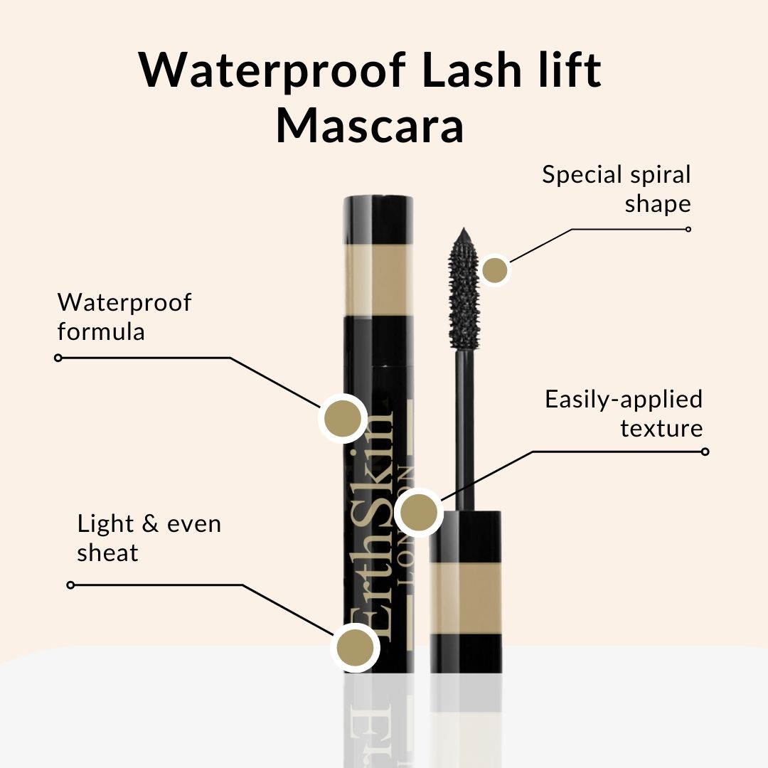 Mascara mit Bürste, beschriftet mit 'ErthSkin LONDON', 'Waterproof formula', 'Light & even sheat'.