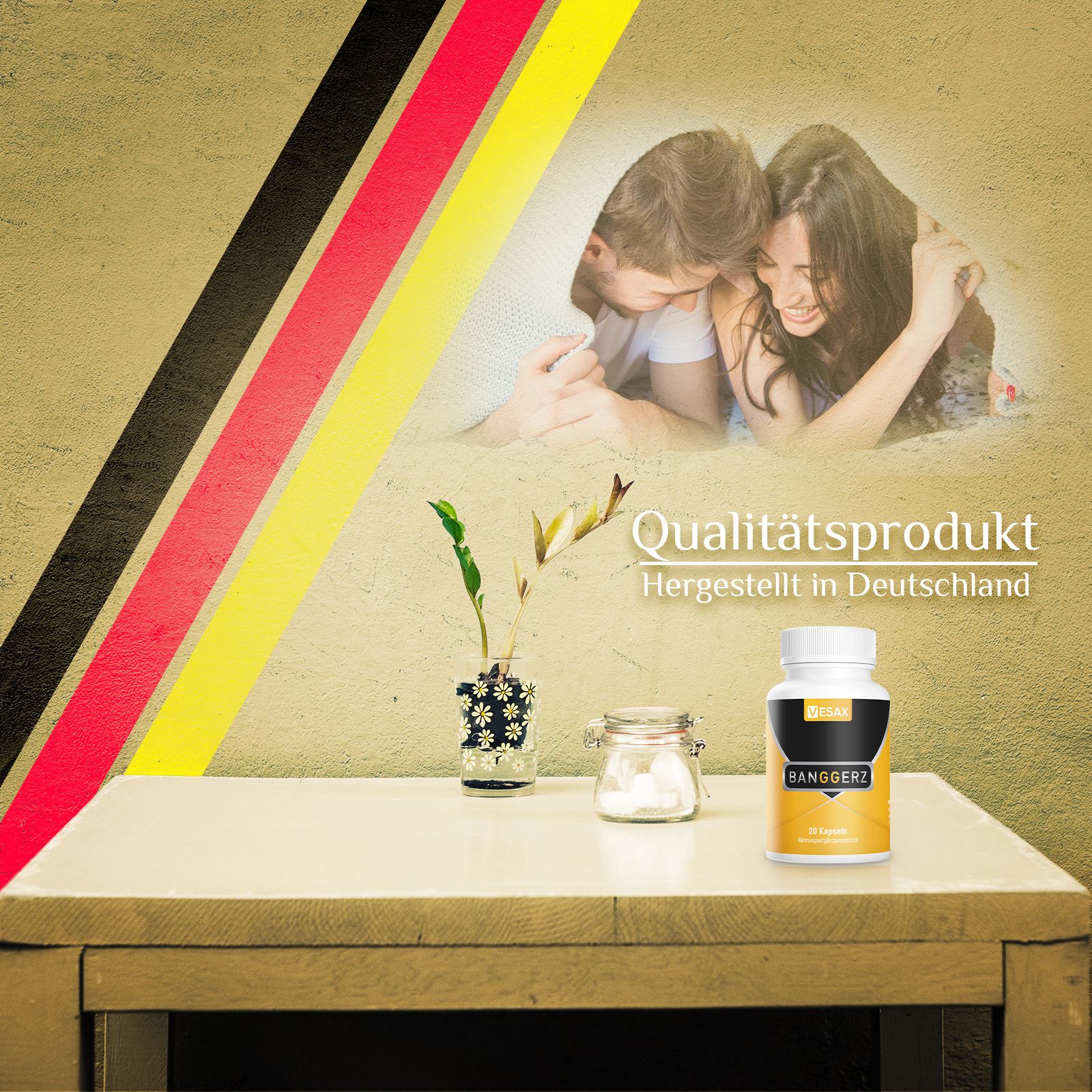 Flasche mit Kapseln. Aufschrift: BANGGERZ. Hintergrund: Paar, deutsche Flagge. Text: Qualitätsprodukt, Hergestellt in Deutschland.